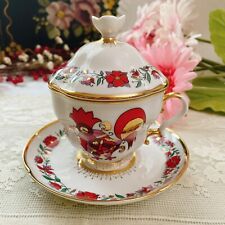 Russian Imperial Lomonosov  Red Rooster Covered Tea Cup with Lid and Saucer picture