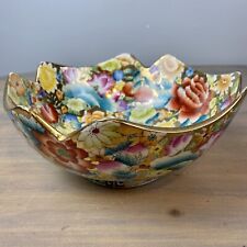 Vintage Ling Nan Hand Painted Floral Porcelain Bowl Dish, Gold Accents, China picture