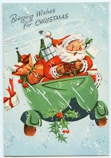 Santa Claus Delivering Presents Helicopter Vintage 1950s Christmas Greeting Card picture