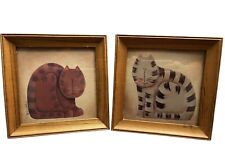 Set Of 2 Vintage Framed 7.5”x7.5” Striped Cats signed Fiddlestix, Folk Art EUC picture