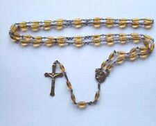 Vtg Rosary Amber Glass Beads 27 In Sacred Heart Of Jesus Brass Crucifix 1 5/8 picture