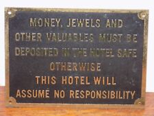 Vintage Money, Jewels and Valuable Must Be Deposited in Hotel Safe Embossed Sign picture