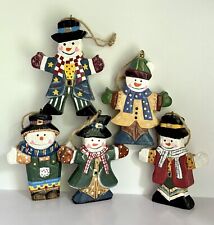 Set of 5 VTG 4.5” Hand Carved & Painted Wood Snowmen Figurine Christmas Ornament picture