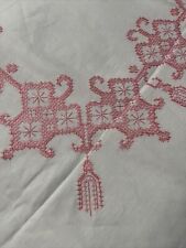 VINTAGE HAND EMBROIDERED PINK GRANDMAS ATTIC TABLECLOTH  78x64” picture