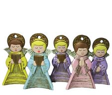 Vintage Lot of Five Angel Choir Ceramic Ornaments Colorful Robes Amateur Painted picture