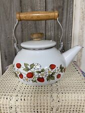 Vintage MCM Enamel Metal Strawberry Tea Kettle Teapot Wooden Handle HTF picture