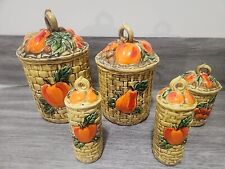 Vintage Lefton Fruit Wicker Basket Ceramic Canister Set 3 #5254 & Salt/Pep #5281 picture