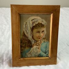Vintage Antique Framed Victorian Trade Card, Young Girl With Lace Scarf picture