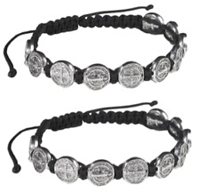St. Saint Benedict Black Cord Rosary Bracelet (10) Silver Tone Medal - PACK of 2 picture