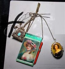 Large Victorian Pastime Letter Writing Antique Brass Belt CHATELAINE, Cameo BOX picture