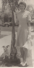5W Photograph Beautiful Woman Dress Gloves Pretty Lady 1940s Pet Dog Old Car 5x7 picture