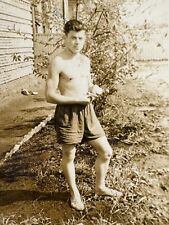 1950s Handsome Man Trunks Bulge Young Guy Posing in Garden Vintage Photo picture