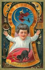 Nash Keyhole #3 Halloween Postcard~Antique~Little Boy~Witch~Moon~Black Cat~c1910 picture