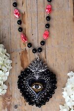 Sacred Heart & Evil Eye Necklace Costume Jewelry Handmade Oaxaca Mexico Folk Art picture