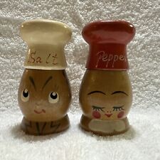 Vintage Wooden Anthropomorphic Chef's Salt & Pepper Shakers Japan 3.25x1.5