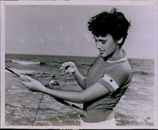 LG823 1954 Original Photo TERRI SHAW Brunette Beauty Tangled Fishing Line Pole picture