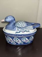 Vintage Blue & White  Porcelain Nesting Duck Covered Serving Dish picture