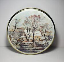 Vintage Currier & Ives Round Biscuit Tin Water Mill Winter  picture