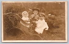 Vintage Sepia Photo, Children with Ornate Wicker Pram Stroller Early 1930's Fl. picture
