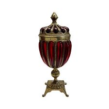 Ruby Red Blown Glass and Brass Covered Urn or Apothecary Compote With Pedestal picture