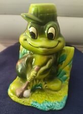 Vintage Retro Planter Lefton HO75 Japan Green Ceramic Frog Playing Golf 6” CUTE picture
