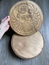 Clarence A Wells Signed Wooden Drum Box Native American Carved Wood RAVEN 10in picture