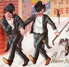 c.1910 Postcard New Year Humor Drunk Men Dog w/ Shoe Police Brutality Loaded picture