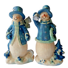 Pair of Victorian Christmas Snowman in Blue top hat and scarf winter wonderland picture