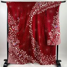65.7inc Japanese Kimono SILK FURISODE Snow ring Cherry blossoms Red picture