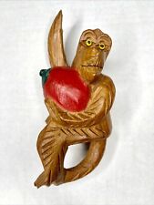 Vintage Folk Art Hand Carved Wooden HANGING MONKEY WITH FRUIT 7” Tall picture