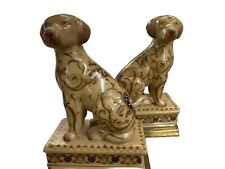 A  Pair Of Porcelain Dog Figurines, Staffordshire Style, Bronze Base Approx. 9” picture