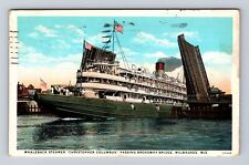 Milwaukee WI- Wisconsin, Steamer Passing Broadway Bridge, Vintage c1931 Postcard picture
