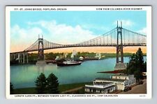 Portland OR-Oregon, St. John's Bridge, Ship Passing, Vintage Postcard picture