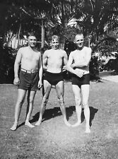 Vintage Photo Three Young Muscular Men Shirtless Swim Trunks Bulge Gay Int picture