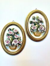 Set of Handmade Capodimonte Style, Porcelain Bouquet, in Gold Oval Wall Plaques picture