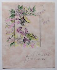 Vtg Unused Art Deco Pink Birthday Card-LOVELY LADY WITH A FLOWER BOUQUET POSY picture