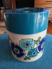 1970s Vintage Metal Kitchen Canister Teal/Blue/Navy Flowers MCM picture