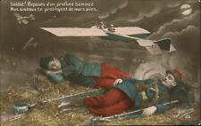 WWI French soldiers deep sleep protected by airplanes aviation hand colored PC picture