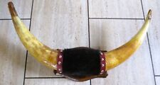 Vintage Wall Mounted Bull Steer Horns w/ Studded Leather,Faux Fur Accents 23