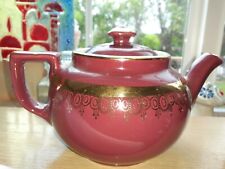 Vintage HALL 6 Cup Burgandy and Gold Trimmed Teapot, #013, Made in U.S.A. picture