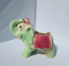 Vintage Ceramic Green Pink Circus Elephant Planter Trunk Up picture
