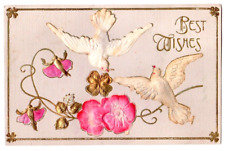 Best Wishes c1908 white doves, flowers, vintage embellished greeting picture