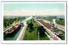 c1920's Steamship Scene, The Locks Sault Ste Marie Michigan MI Phostint Postcard picture