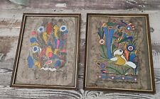 VTG Framed Mexican Folk Art Amate Painted Tree Bark With Birds and Flowers  picture