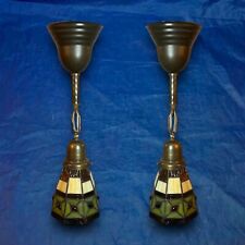 Wired Pair Brass Pendant Light Fixtures Stained Glass Rare Shades 6C picture