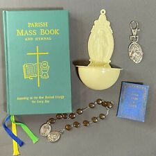 Catholic Vintage Religious Lot 5 Pieces Font, St Clare Cloth, Mass Book, Rosary picture