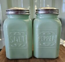 Green Jadeite Glass Depression Style Salt Pepper Shakers Reproduction 1990s Vtg picture