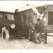 c1910s Man & Woman by Touring Car Snow w/ Big Tumbleweed Real Photo Snapshot C44 picture
