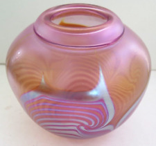 Steven Correia Art Glass Iridescent Pink Vase Pulled Feather Signed Dated 99 picture