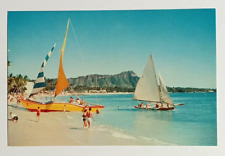 Waikiki Beach Catamarans Sailboats Palm Trees Hawaii HI Koppel Postcard c1960s picture